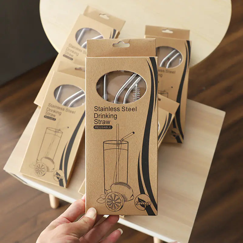 1 Set Reusable Stainless Steel Drinking Straws with Brush
